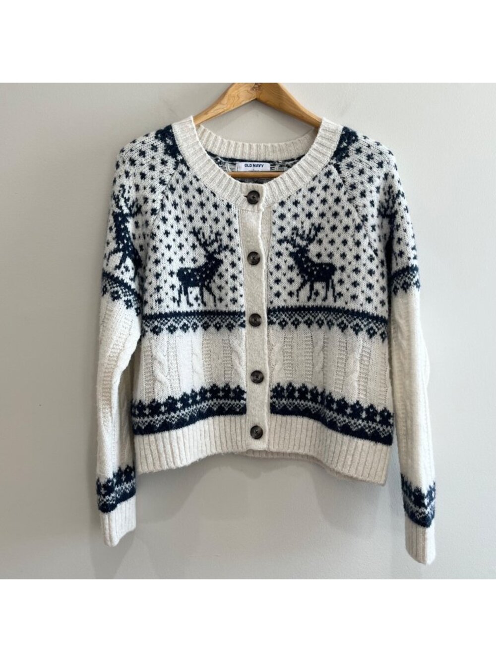 Old Navy Fair Isle Button Up Reindeer Cardigan Sweater Womens L Ivory Navy